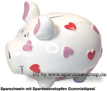 Preview: Sparschwein „Herzchen-Schwein“ – romantisches KCG Keramik-Design mit 3D-Herzen mittelgroß Maße ca.: L= 17 cm